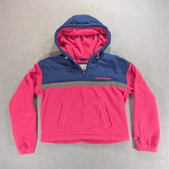 Tommy Hilfiger Tops - Tommy Hilfiger Sport Pink Navy Fleece Quarter Zip Hoodie Reflective Women Small